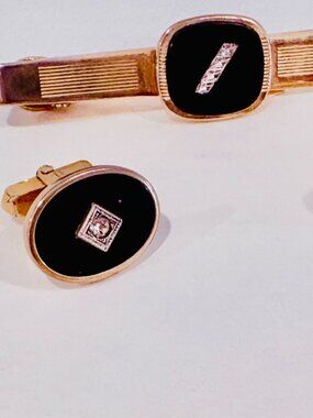 Vintage Anson Black Onyx & Diamond Chip Cufflinks Tie Bar Set Gold Tone Mid-Cent